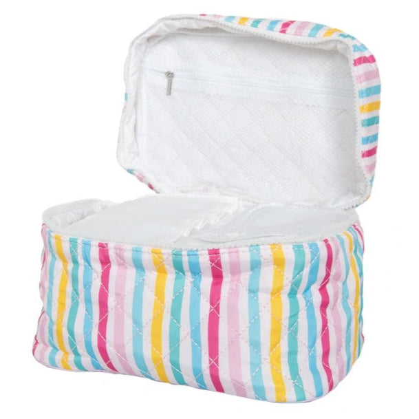 Colorful striped make up bag with a white interior on a white background