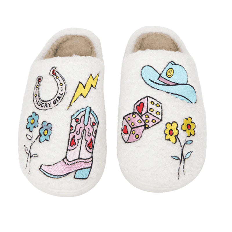 Pair of white slippers with colorful designs on a white background