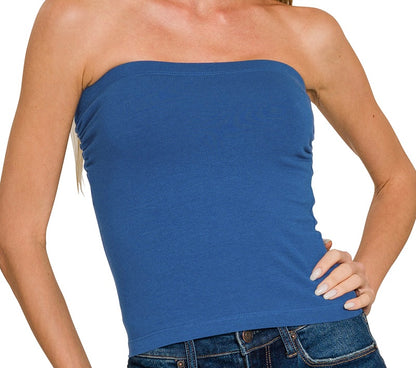 Blue strapless top worn by a person on a white background