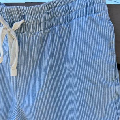 Blue and white striped shorts with a drawstring on a neutral background