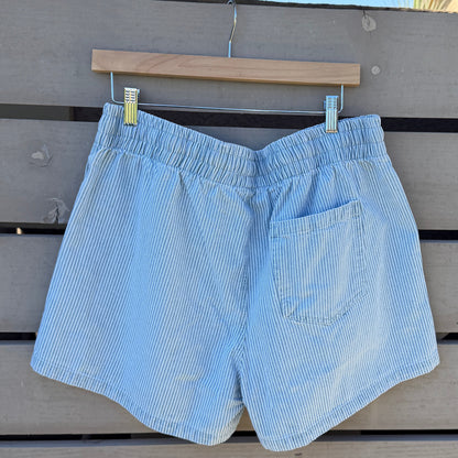Light blue shorts hanging on a wooden slat wall