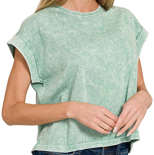 Woman wearing a light green t-shirt