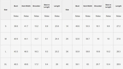 Table displaying size chart for clothing with measurements in inches.