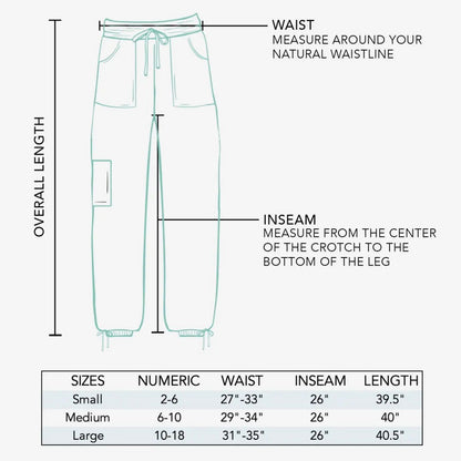 Measurement guide for pants with labeled parts and size chart on a white background