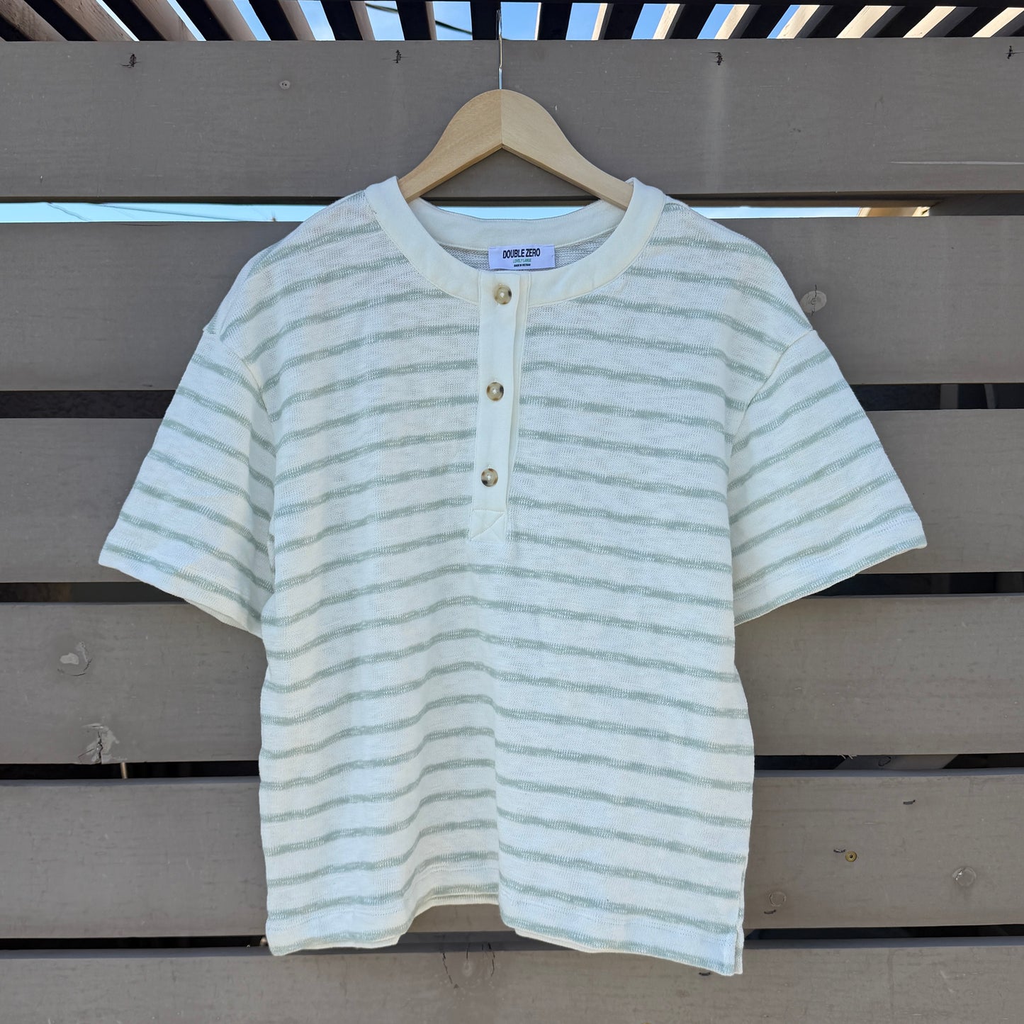 Sage and Cream Striped Henley Top