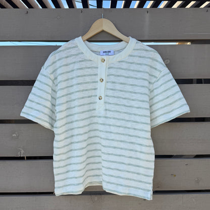 Sage and Cream Striped Henley Top