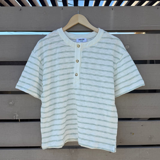 Sage and Cream Striped Henley Top