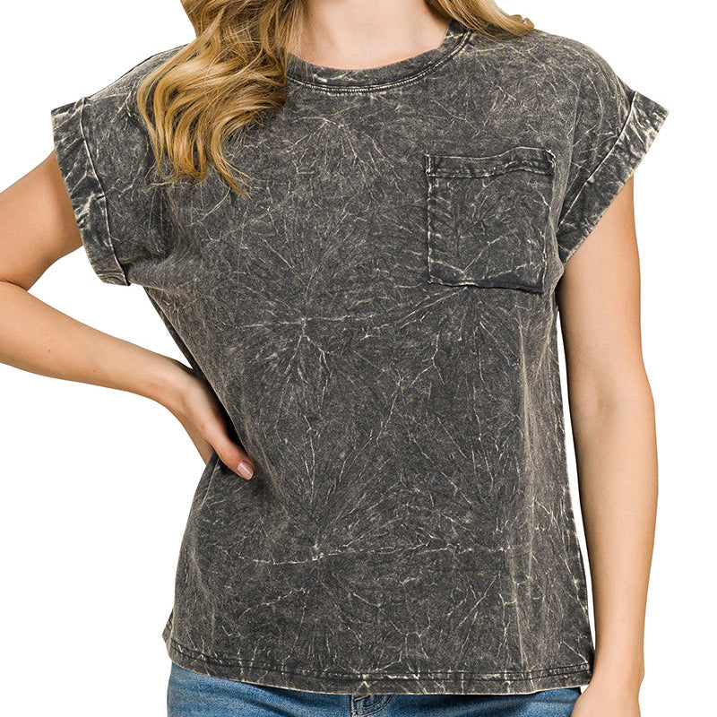 Woman wearing a black crinkle wash t-shirt with a pocket on a white background