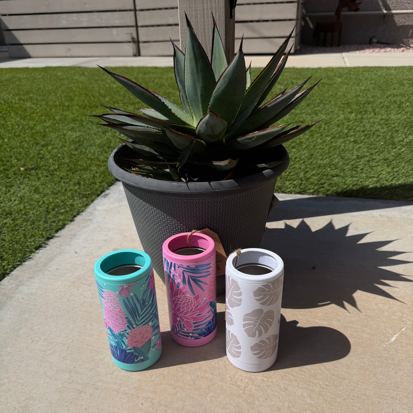 Three decorated tumblers on a concrete surface with a potted plant in the background.
