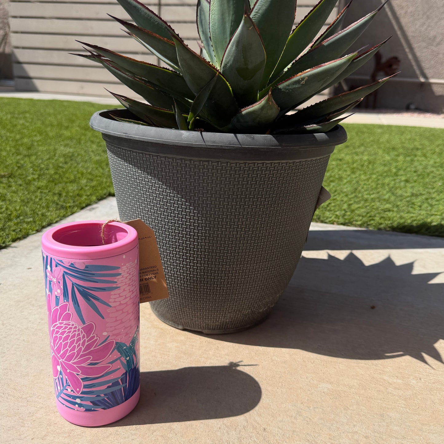 Pink cup with floral design next to a potted plant on a patio