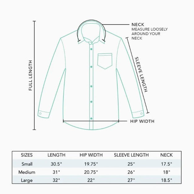 Measurement chart for a shirt with labeled parts and size chart on a white background
