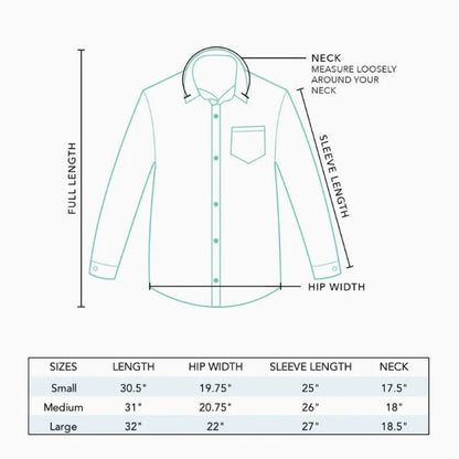 Measurement chart for a shirt with labeled parts and size chart on a white background