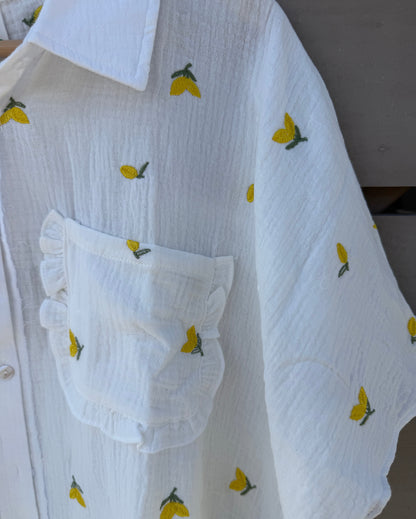 White gauze shirt with lemon accents