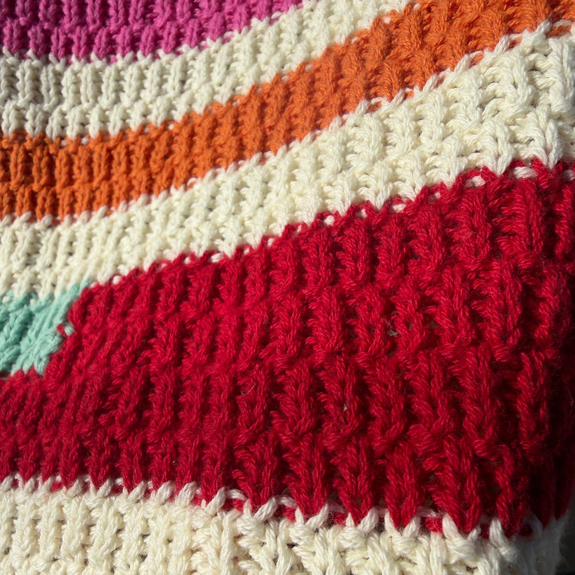 Close-up of a knitted fabric with multicolor stripes.