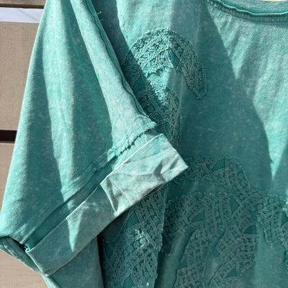 Teal tank top with lace detailing on a neutral background