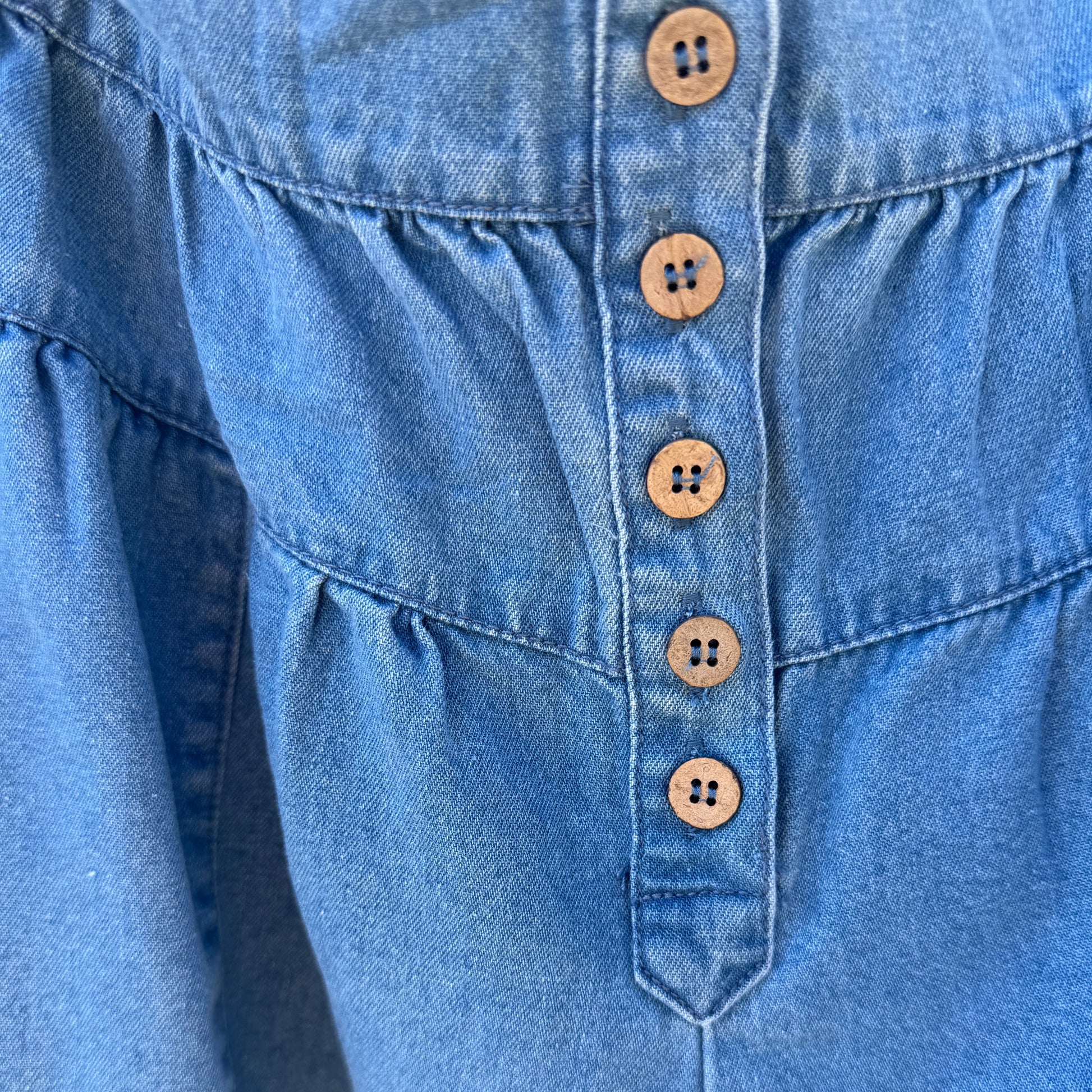 Close-up of a blue denim shorts with wooden buttons.