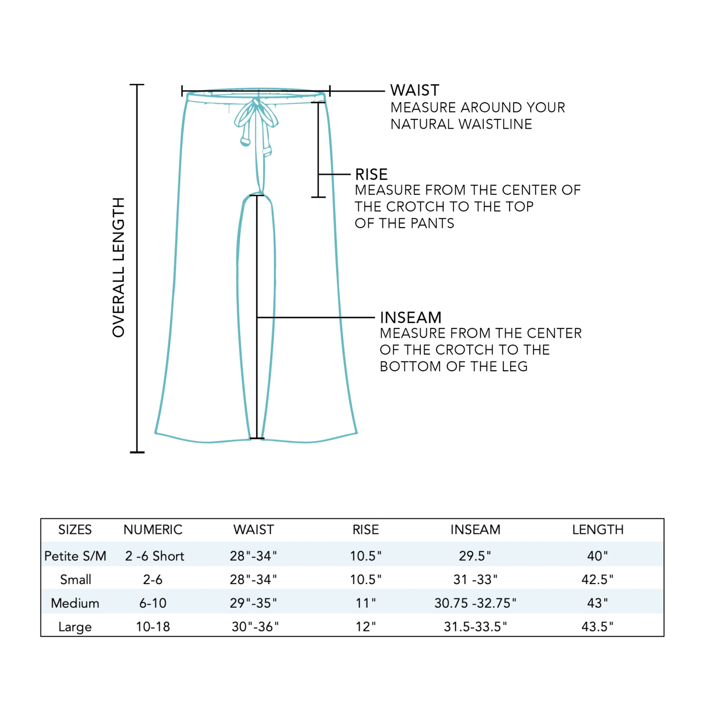 Measurement guide for pants with labeled parts and size chart on a white background