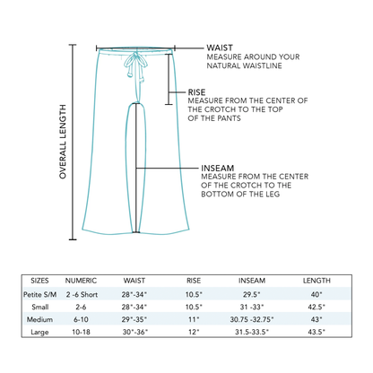 Measurement guide for pants with labeled parts and size chart on a white background