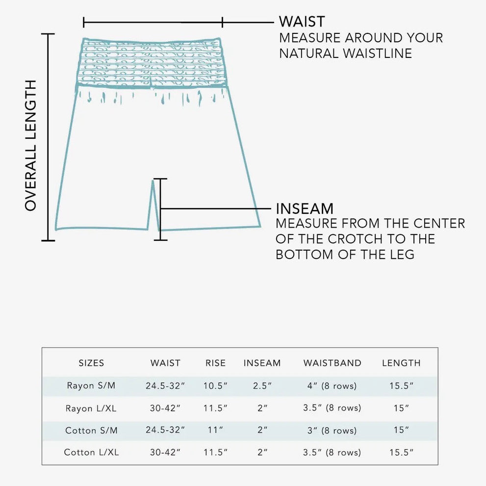 Measurement guide for shorts with labeled parts and size chart on a white background