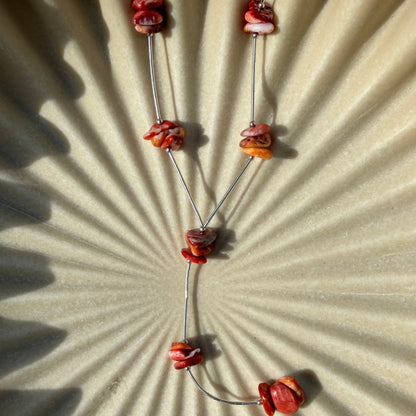 Liquid Silver & Red/Orange Spiny Lariat Necklace - 18"