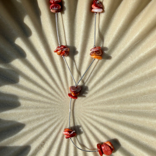 Liquid Silver & Red/Orange Spiny Lariat Necklace - 18"