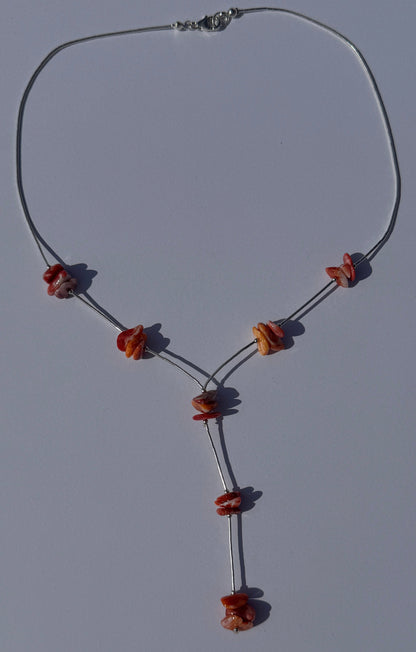 Liquid Silver & Red/Orange Spiny Lariat Necklace - 18"