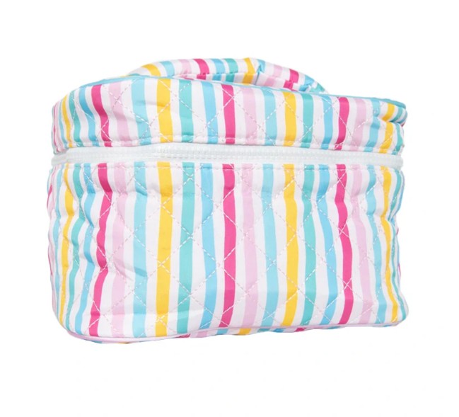 Colorful striped make up bag on a white background