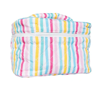 Colorful striped make up bag on a white background