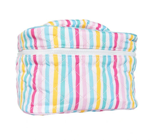 Colorful striped make up bag on a white background