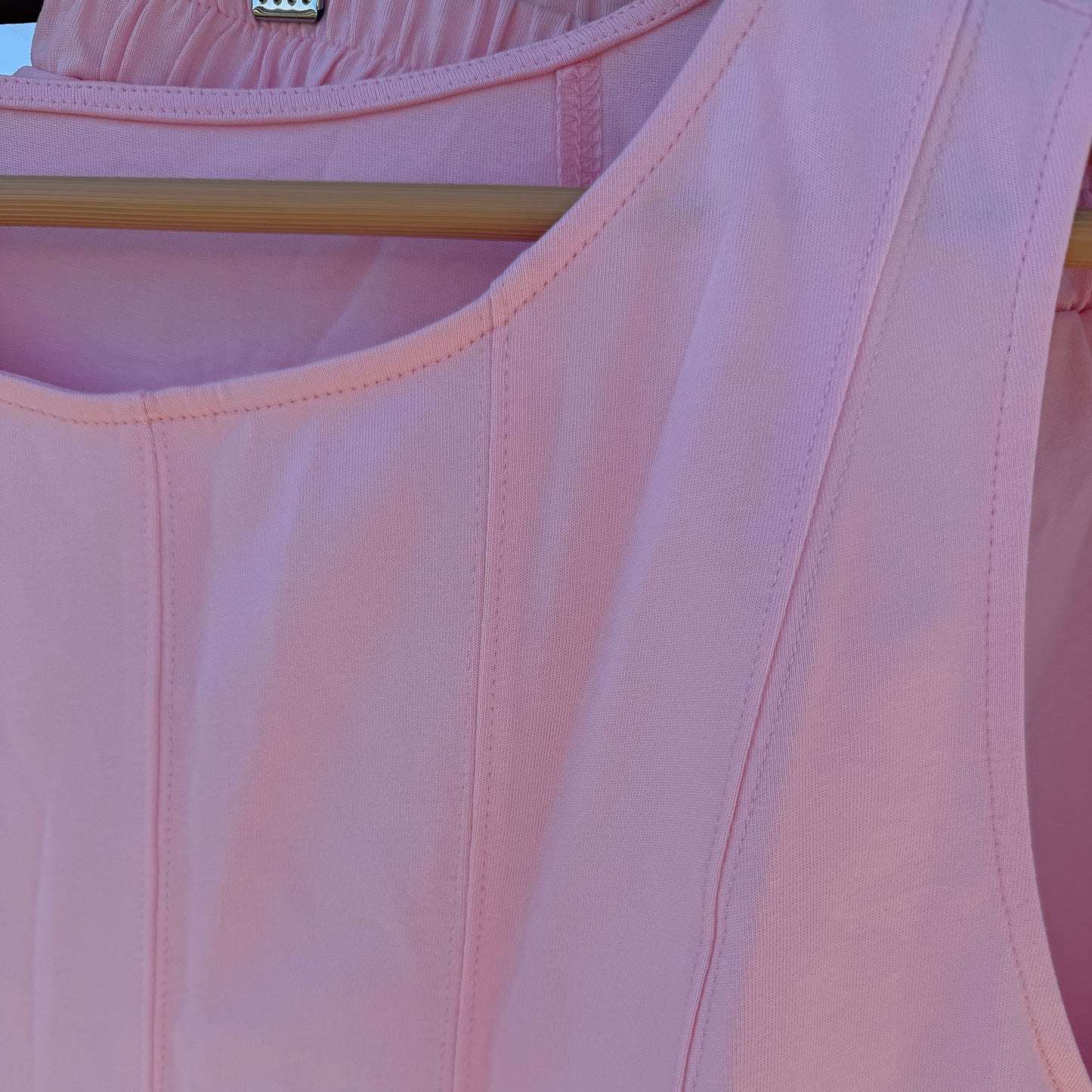 Close-up of a pink sleeveless top on a hanger