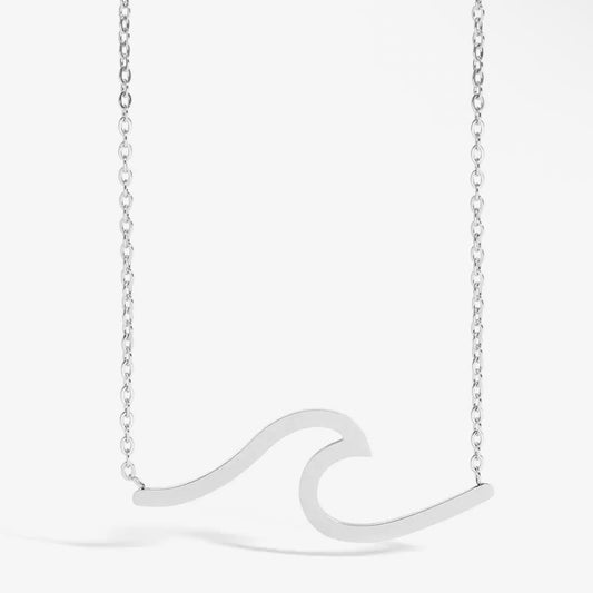 Silver wave-shaped pendant on a chain against a white background