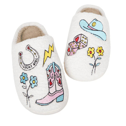 Pair of white slippers with colorful designs on a white background